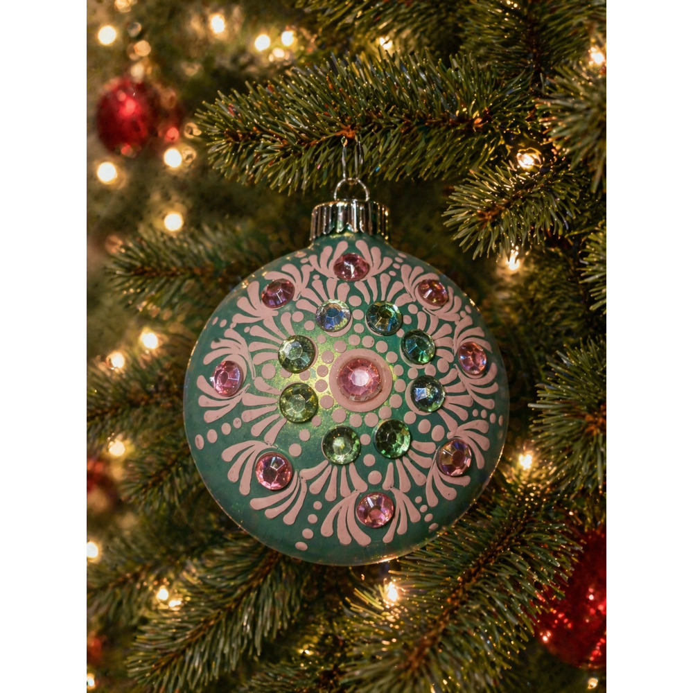 Hand-Painted Rhinestone Ornament – Teal & Pink Mandala Design | Shatterproof
